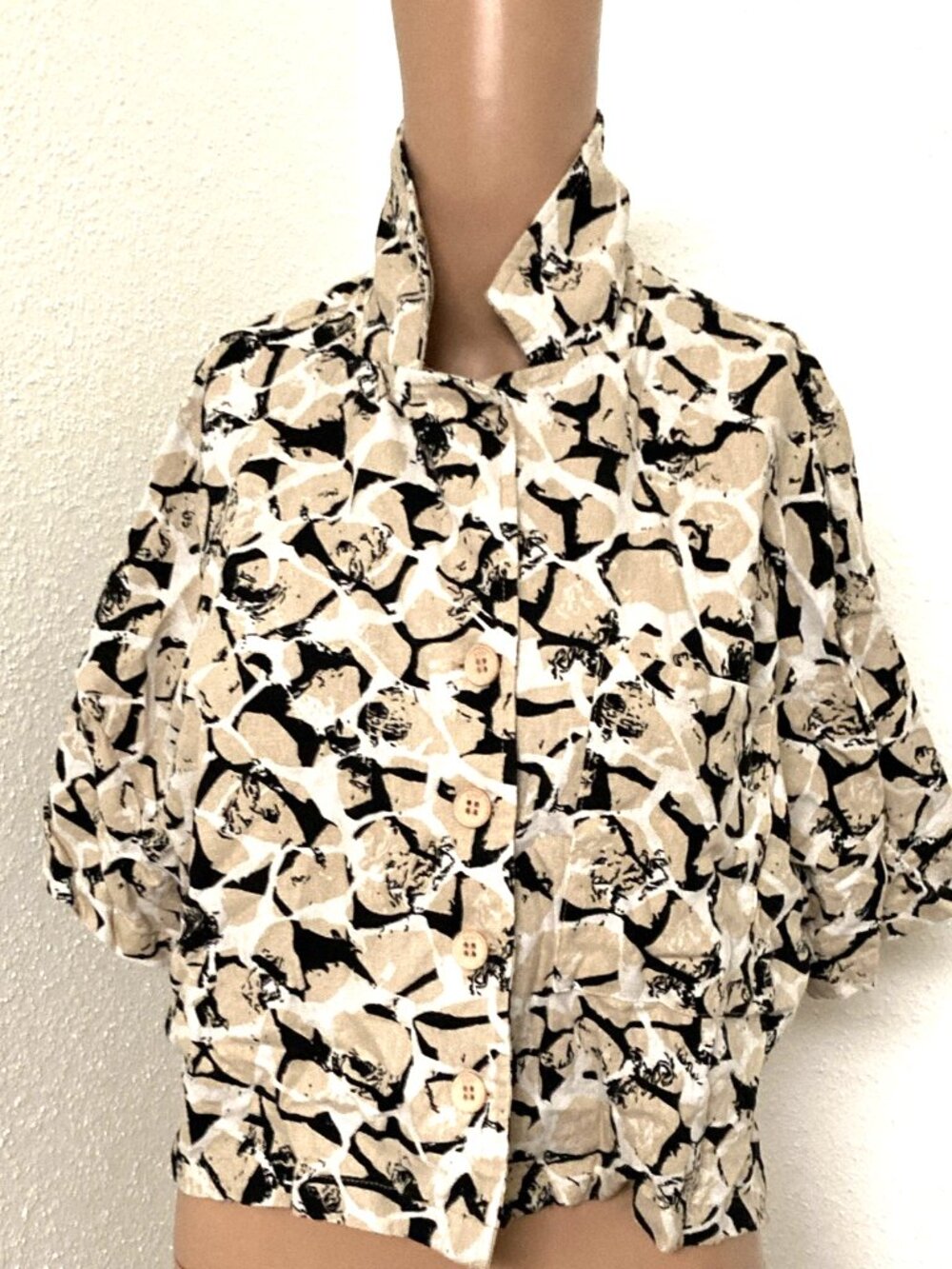 DKNY Women's S Beige Black Linen Button Front Collared Blouse